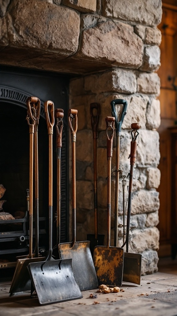 A collection of fireplace tools including shovels and pokers, leaning against a stone fireplace.