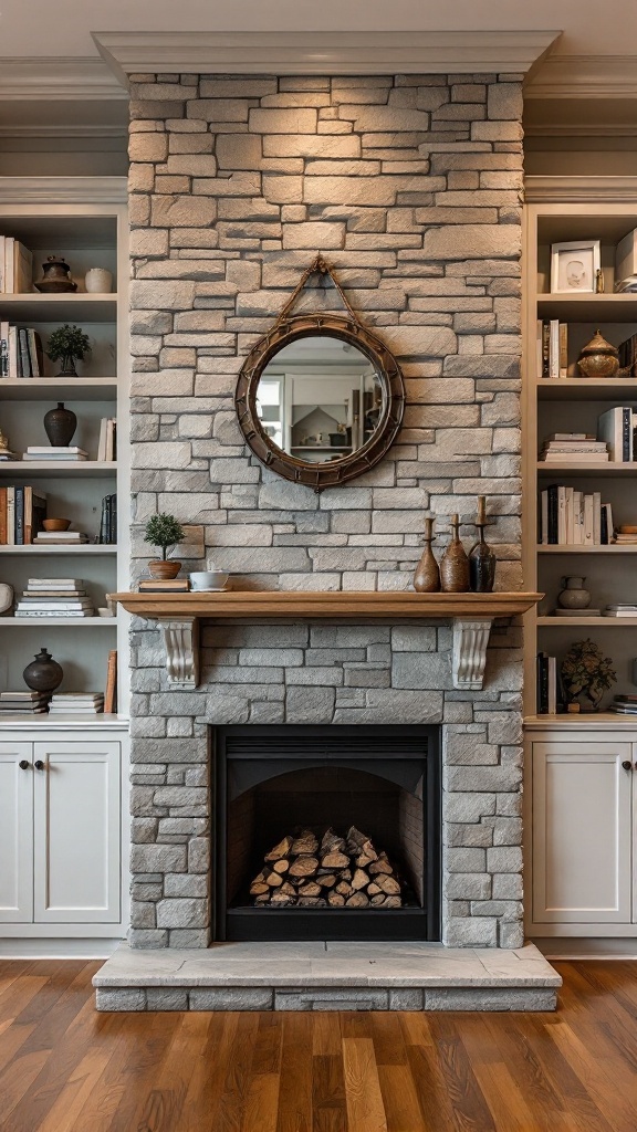 A beautifully designed living room featuring a stone fireplace with built-in storage shelves on either side, a wooden mantel, and a round mirror above the fireplace.