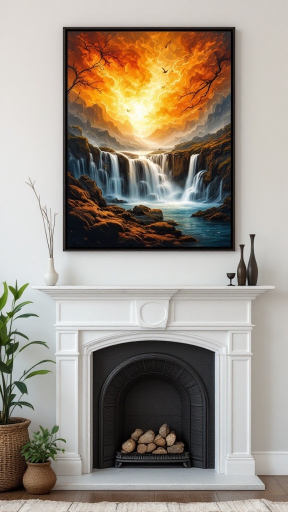 A beautifully framed painting of a waterfall scene above a white fireplace with decorative items.