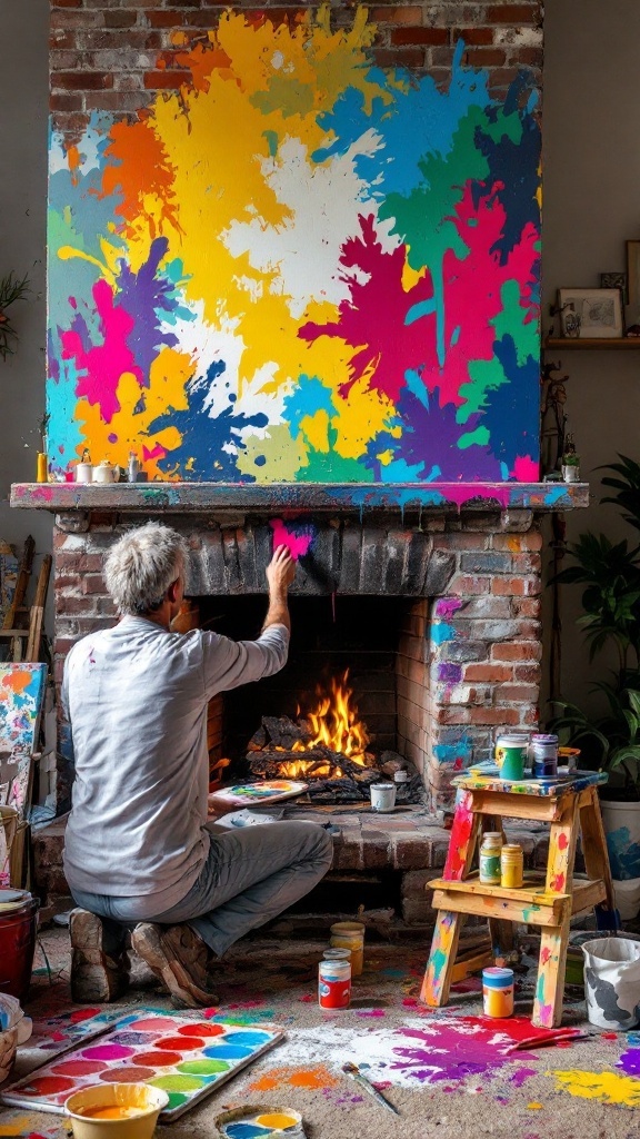 A person painting a colorful design on a fireplace wall while a fire burns in the hearth.