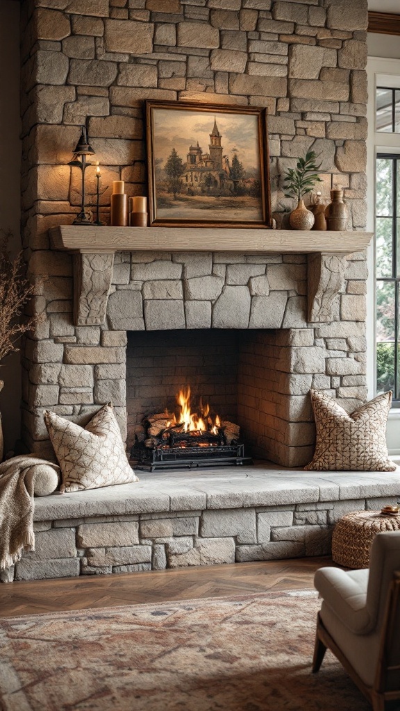 Cozy stone fireplace with a wide hearth, decorative items, and warm lighting