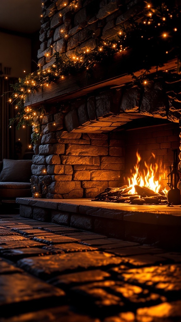 Cozy stone fireplace with warm twinkling lights and a glowing fire