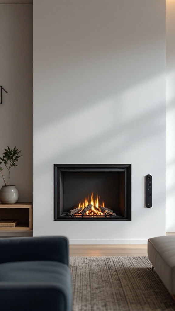 A modern fireplace design with a minimalist aesthetic, featuring a warm flame and sleek surroundings.