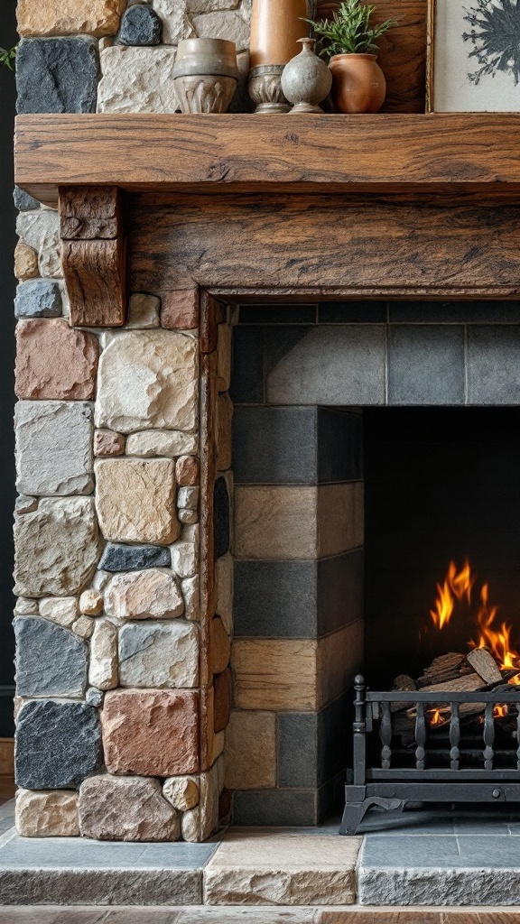 A cozy fireplace with a combination of stone and wood materials, featuring a rustic mantel and decorative items.