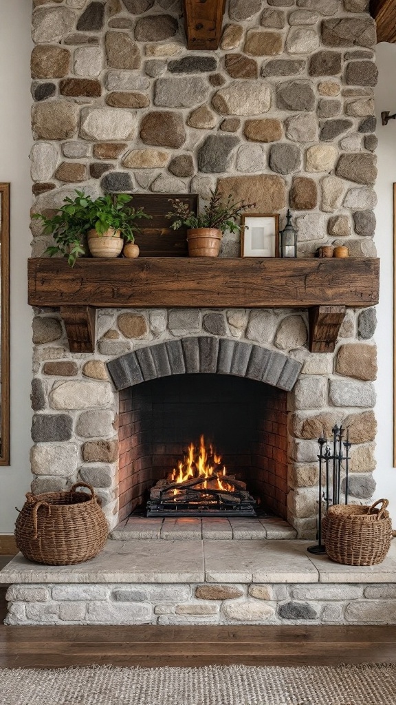 A cozy stone fireplace with wooden beams, featuring a fire and decorative plants.