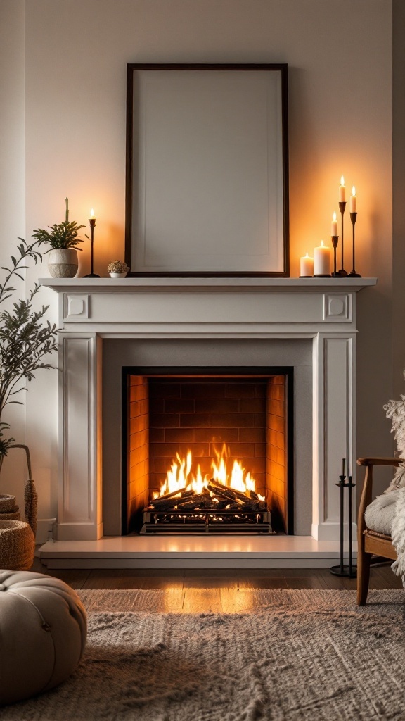 A beautifully lit fireplace with candles and plants, creating a cozy ambiance.