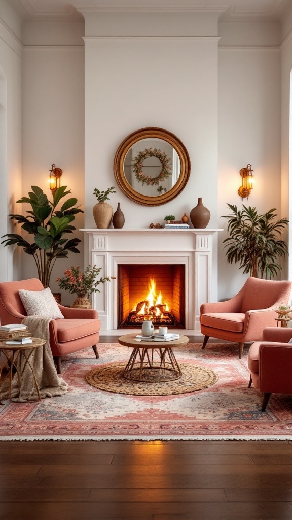 Cozy living room with a fireplace, stylish chairs, and decorative plants