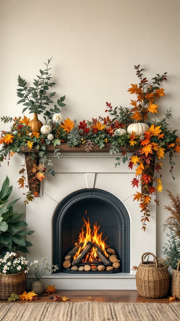 A beautifully decorated fireplace with autumn leaves, pumpkins, and flowers, creating a cozy atmosphere.