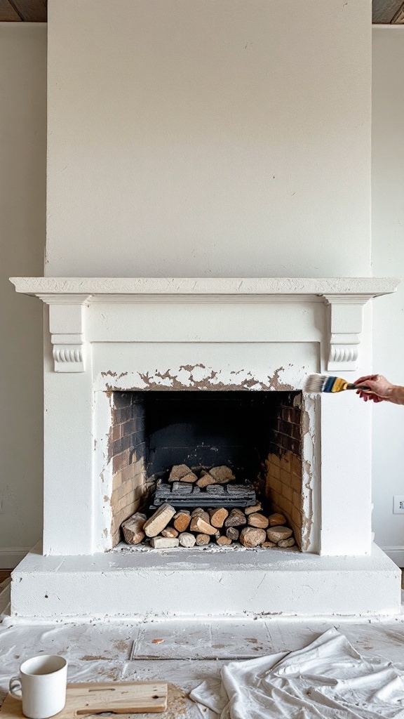 A person applying whitewash to a stone fireplace, transforming its appearance