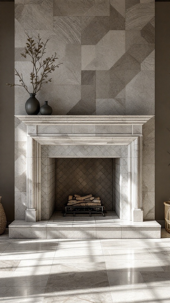 Modern stone fireplace with a tiled wall and minimalist decor