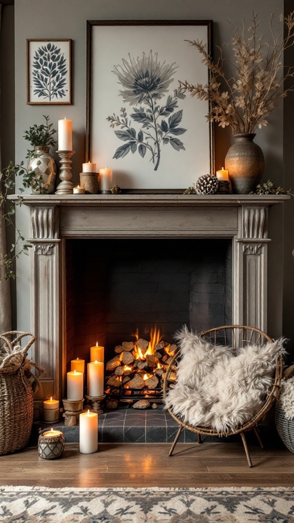 A cozy fireplace setup with candles, art, and natural decor elements.