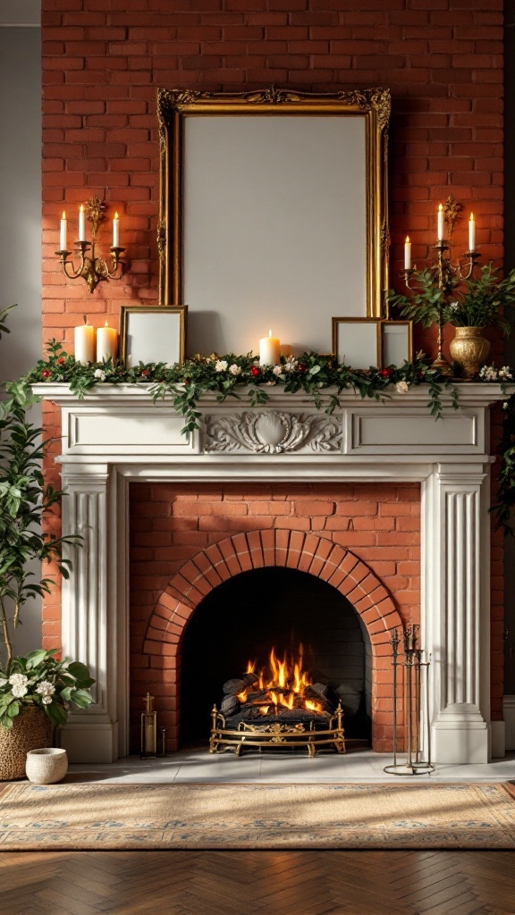 Decorative mantel above a red brick fireplace with candles, a golden frame, and greenery