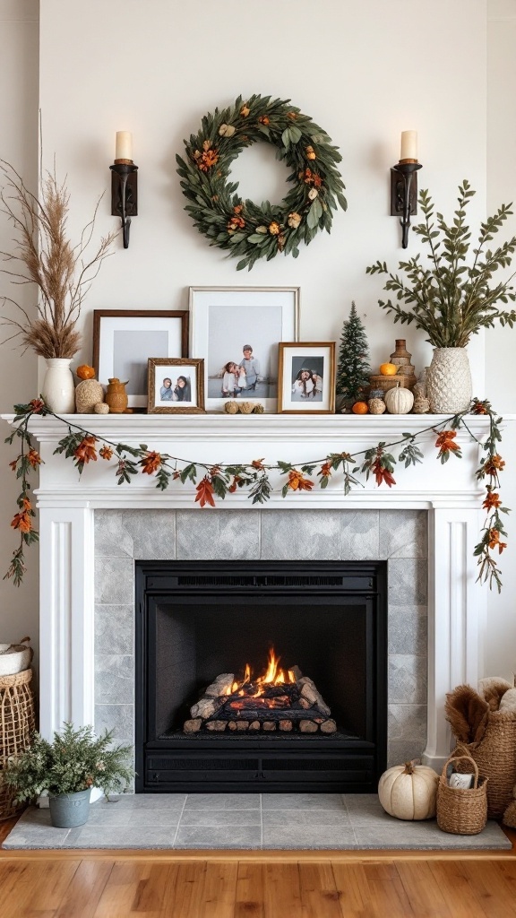 A beautifully decorated fireplace mantel with a wreath, framed photos, and seasonal decor.