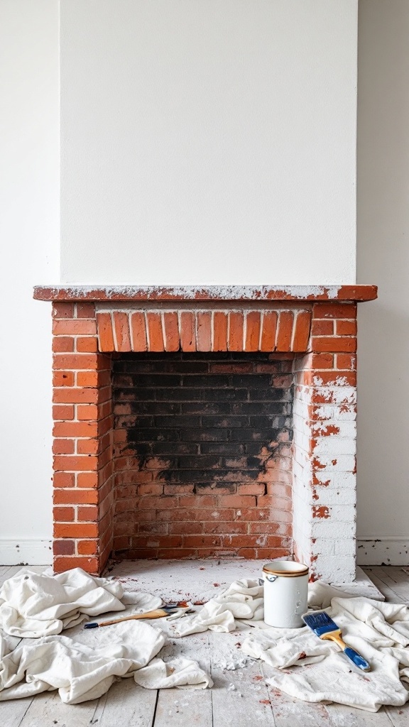 A red brick fireplace undergoing a makeover with paint supplies nearby.