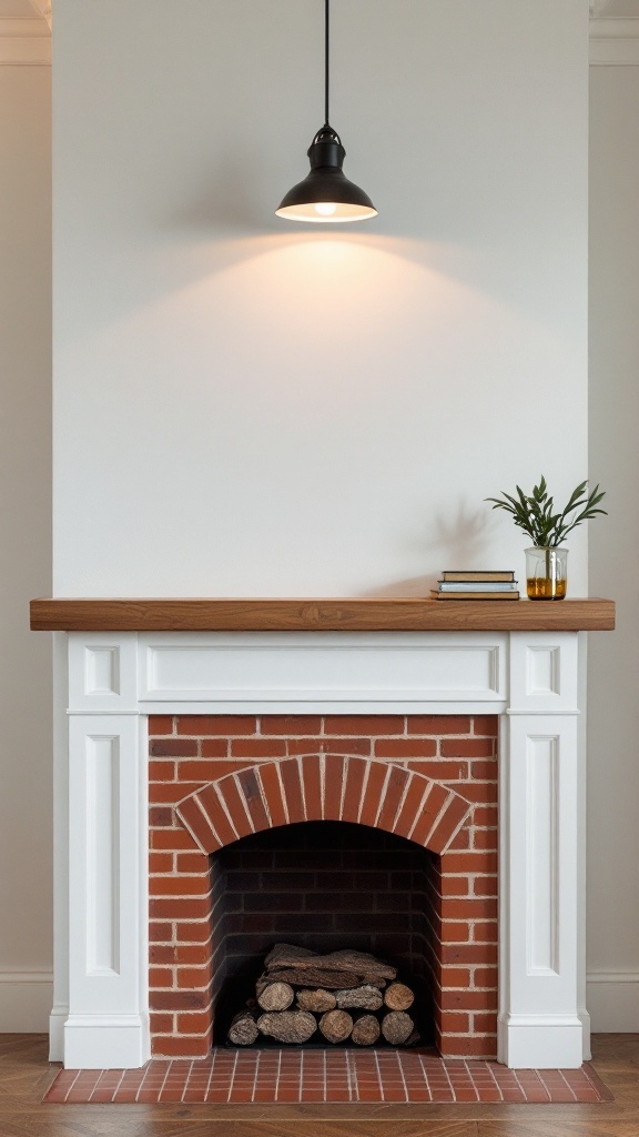 A stylish black pendant light above a red brick fireplace with a wooden mantel.