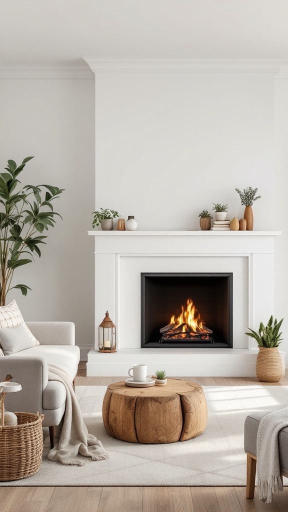 Cozy modern fireplace with white mantel, dark firebox, and surrounding decor.