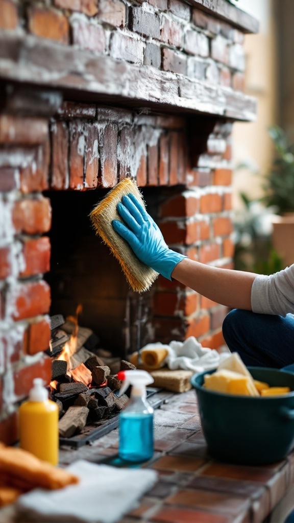 Person cleaning a red brick fireplace with a stiff brush and wearing blue gloves.