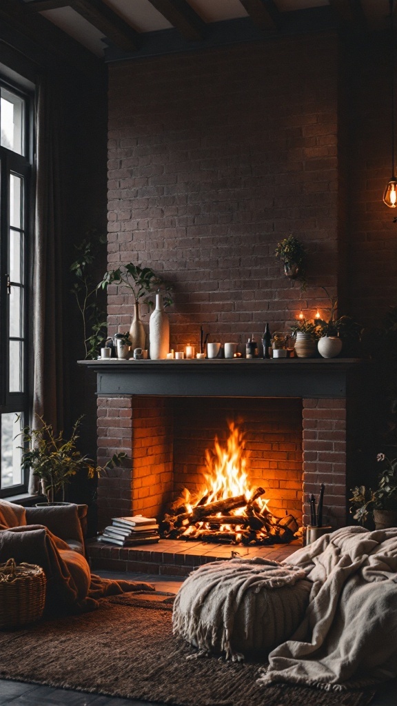 Cozy hearth area with a red brick fireplace, soft seating, and warm lighting