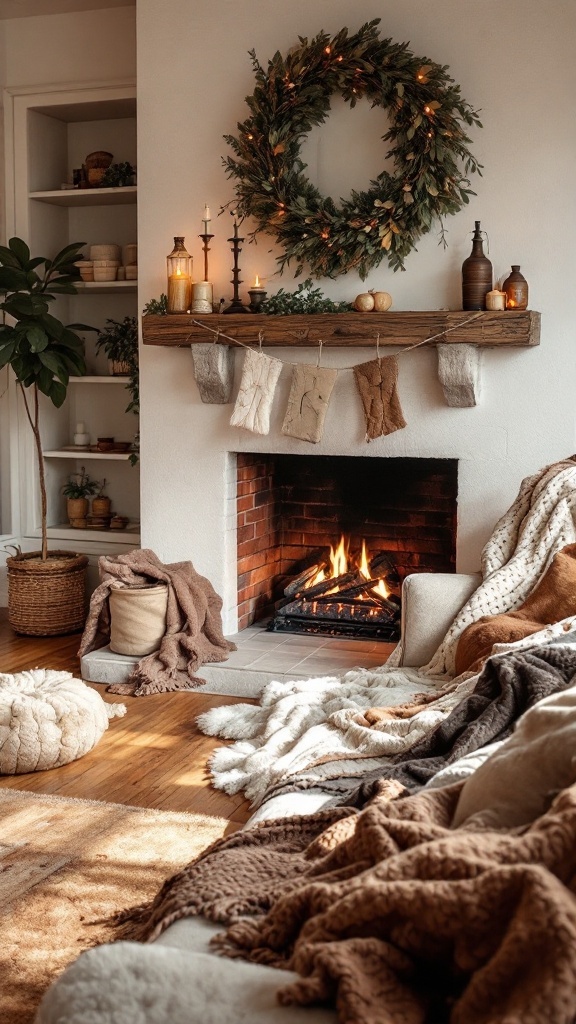 A cozy fireplace setting with a wreath, candles, and comfy blankets.