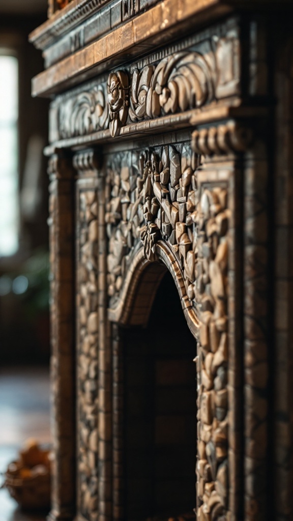 Detailed stone and tile fireplace with intricate designs