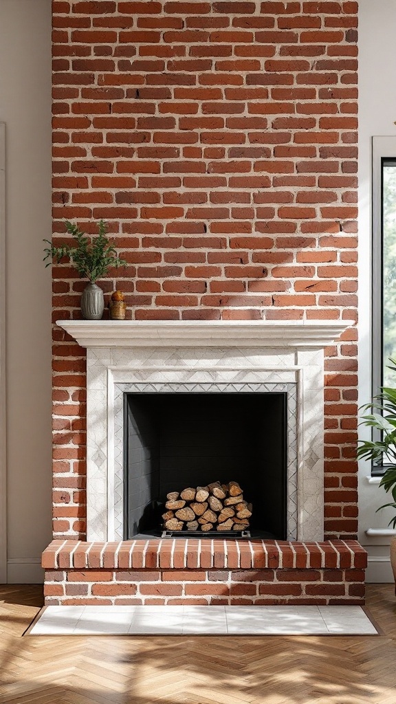 A red brick fireplace with a light stone surround and logs stacked inside the firebox.