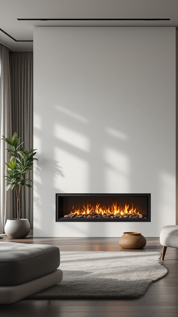 A modern electric fireplace with a sleek design, surrounded by a cozy living room setup.