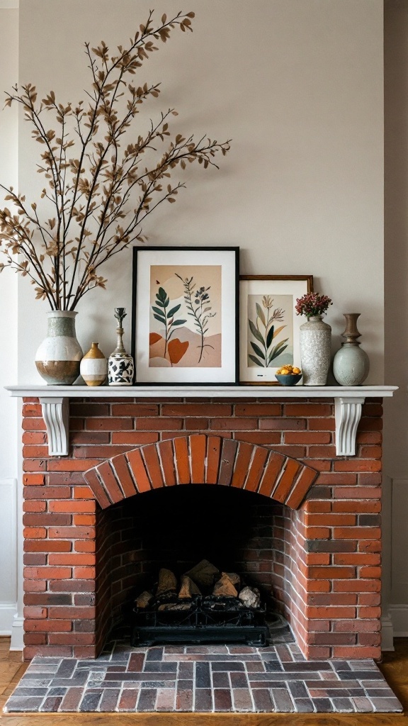 A red brick fireplace with a stylish mantel decorated with vases and artwork.