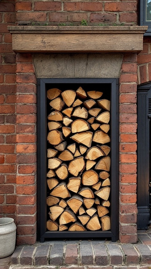 Firewood storage integrated into a red brick fireplace setup