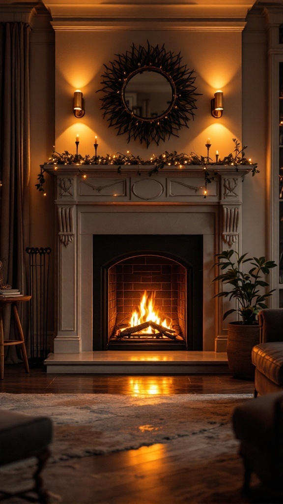A beautifully lit fireplace with warm lighting and a cozy atmosphere.