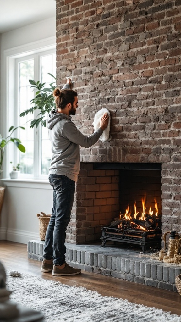 A person cleaning a brick fireplace with a cloth while a fire burns in the hearth.