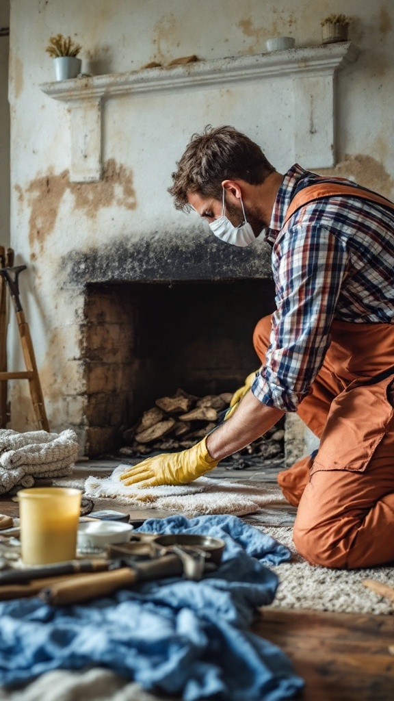 A person kneeling on the floor in front of a fireplace, wearing gloves and a mask, cleaning and preparing for a fireplace makeover.