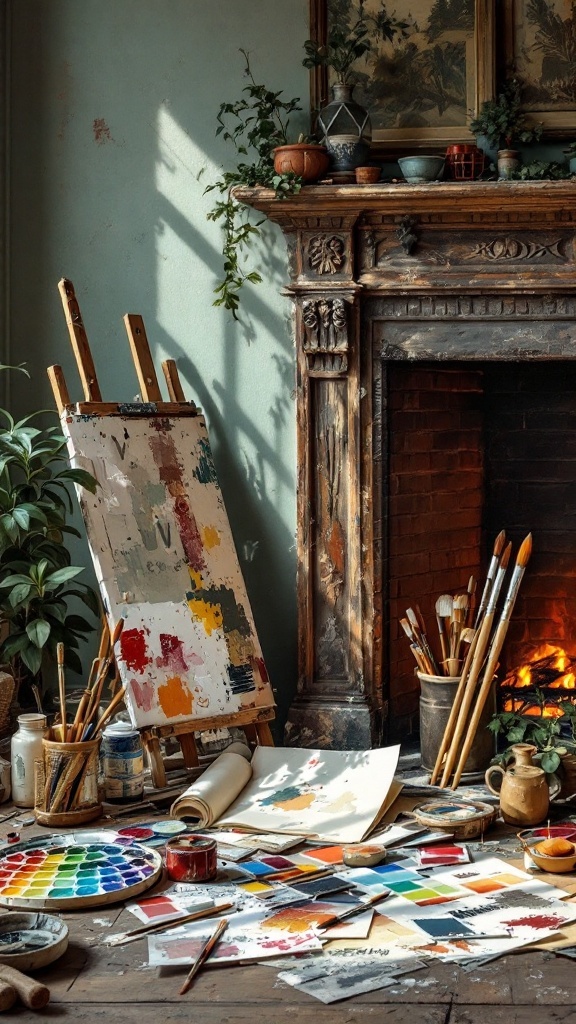 A cozy fireplace setup with paint supplies scattered around, showcasing a creative workspace.