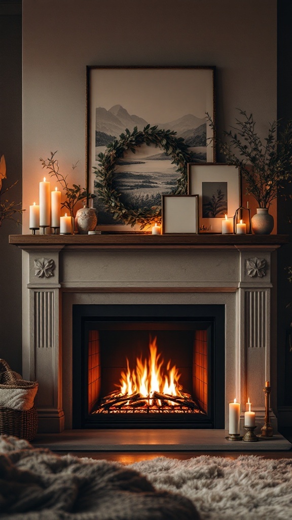 A cozy gas fireplace with candles, artwork, and greenery on the mantel.