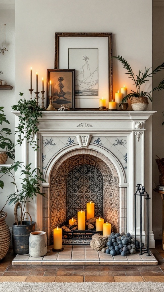 A beautifully decorated tile fireplace with candles, artwork, and plants.