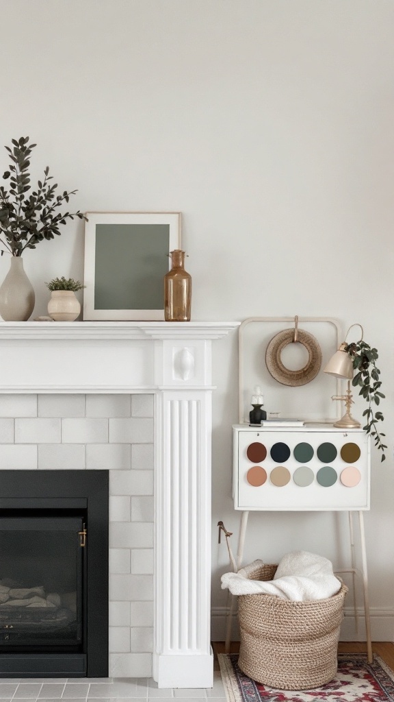 A fireplace with white tile and a selection of paint swatches in earthy tones.