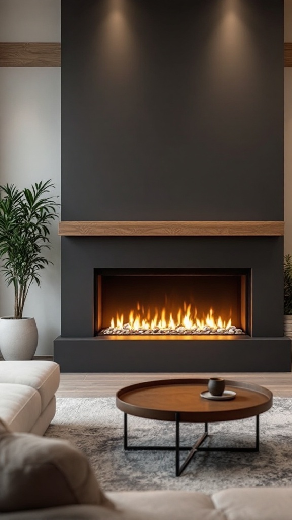 Modern gas fireplace with dark wall and wooden accents in a cozy living room