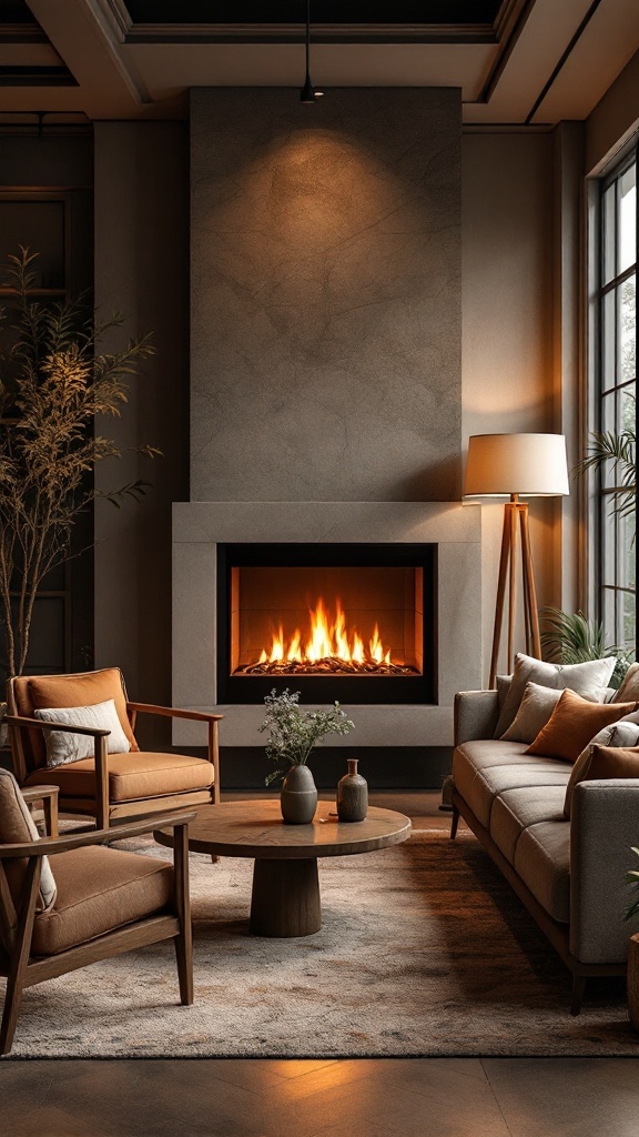 Cozy seating area featuring a modern gas fireplace, comfortable chairs, a sofa, and a round coffee table.