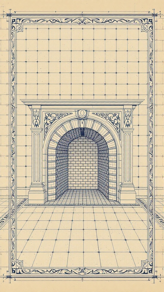 Blueprint design of a tile fireplace with detailed patterns and symmetry.