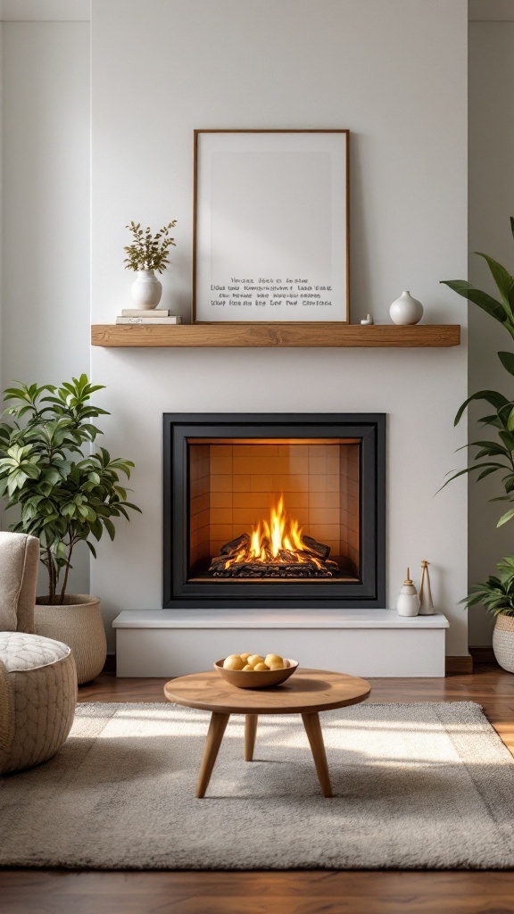 A cozy living room featuring a gas fireplace, plants, and a coffee table.