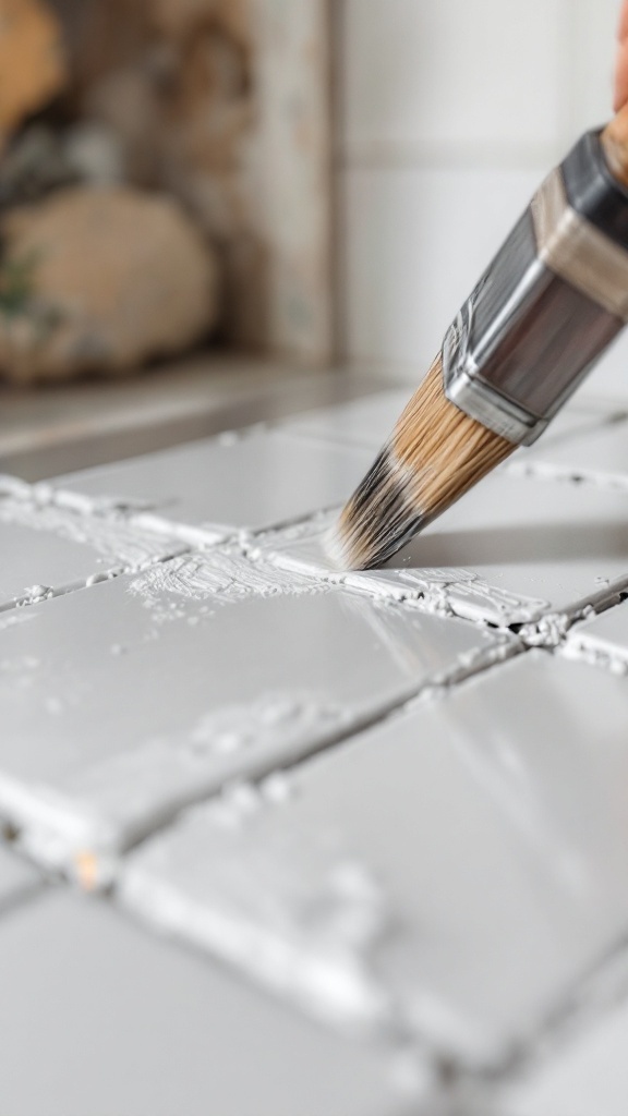 A close-up of a brush applying grout to tiles in a fireplace makeover