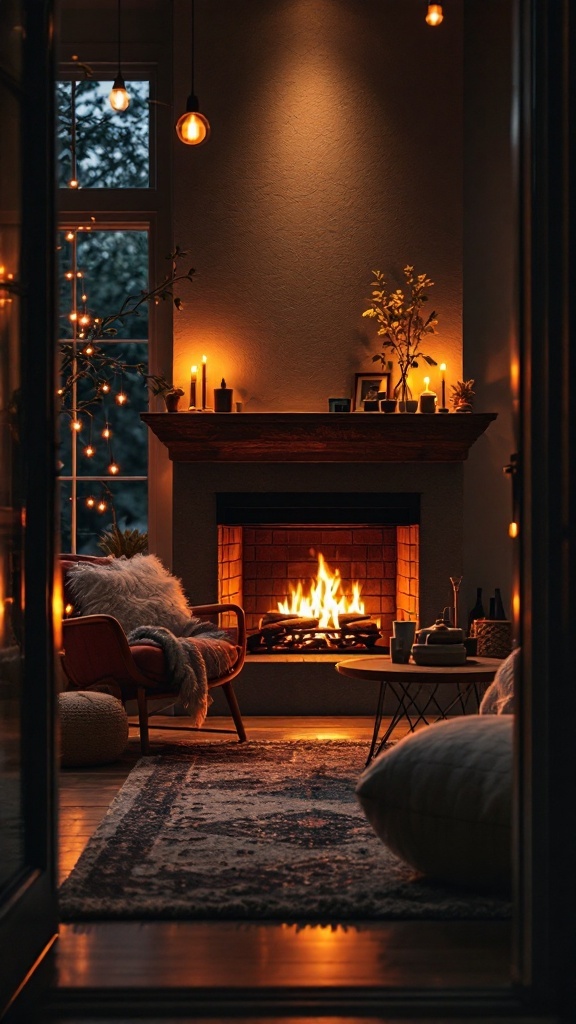 A cozy living room with a gas fireplace, ambient lighting from pendant lights and candles, creating a warm atmosphere.