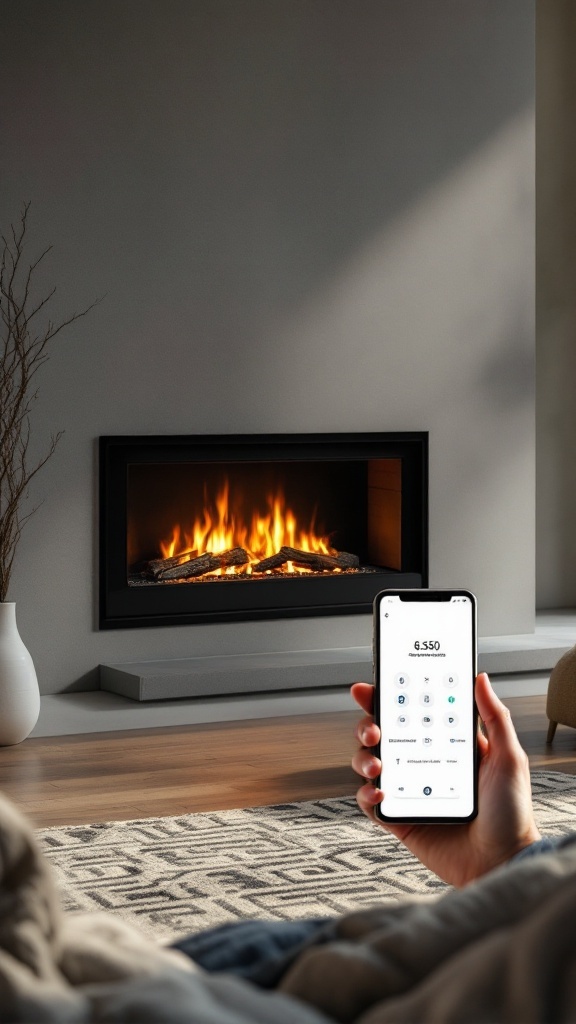 A modern gas fireplace with flames, accompanied by a smartphone displaying a control app.