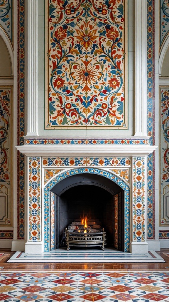 A beautifully tiled fireplace with intricate floral patterns in vibrant colors.