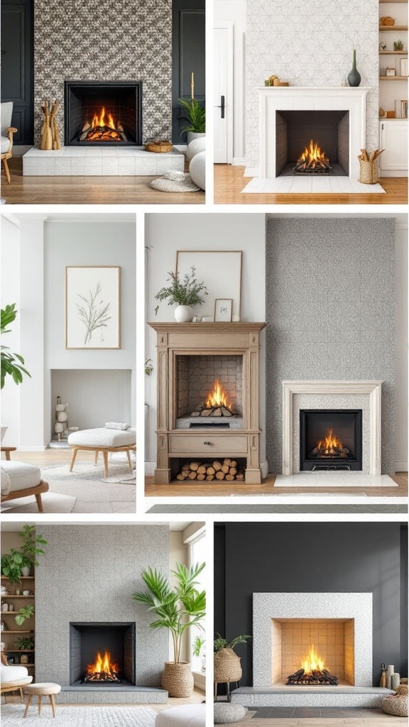 Collage of modern tile fireplace designs featuring various styles and patterns.