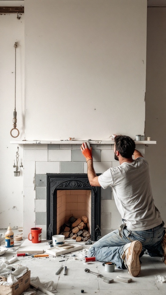 A person installing tiles around a fireplace, with tools and materials scattered around.