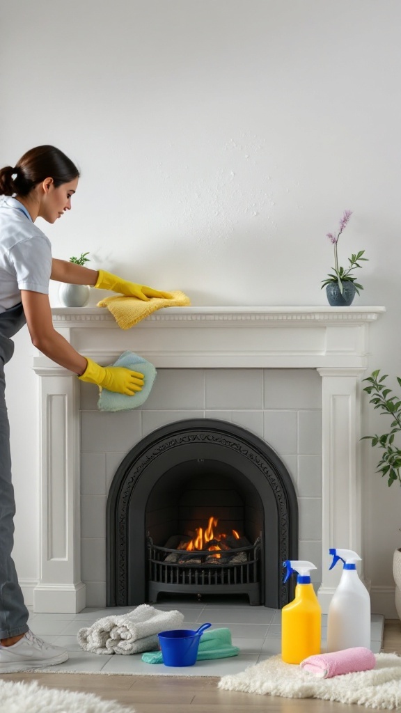 A person cleaning a tiled fireplace with a cloth while using cleaning supplies nearby.