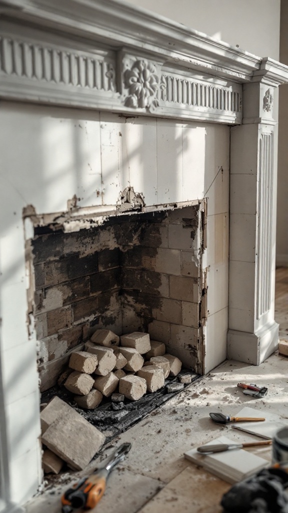 Image of a fireplace being prepared for tiling with visible bricks and tools around.