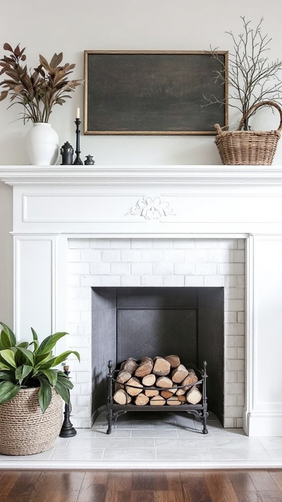 Revamped gas fireplace with white surround and decorated mantel