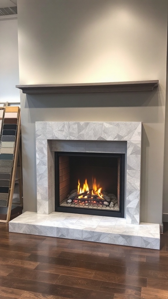 A modern gas fireplace with a geometric tile hearth and a wooden mantel.