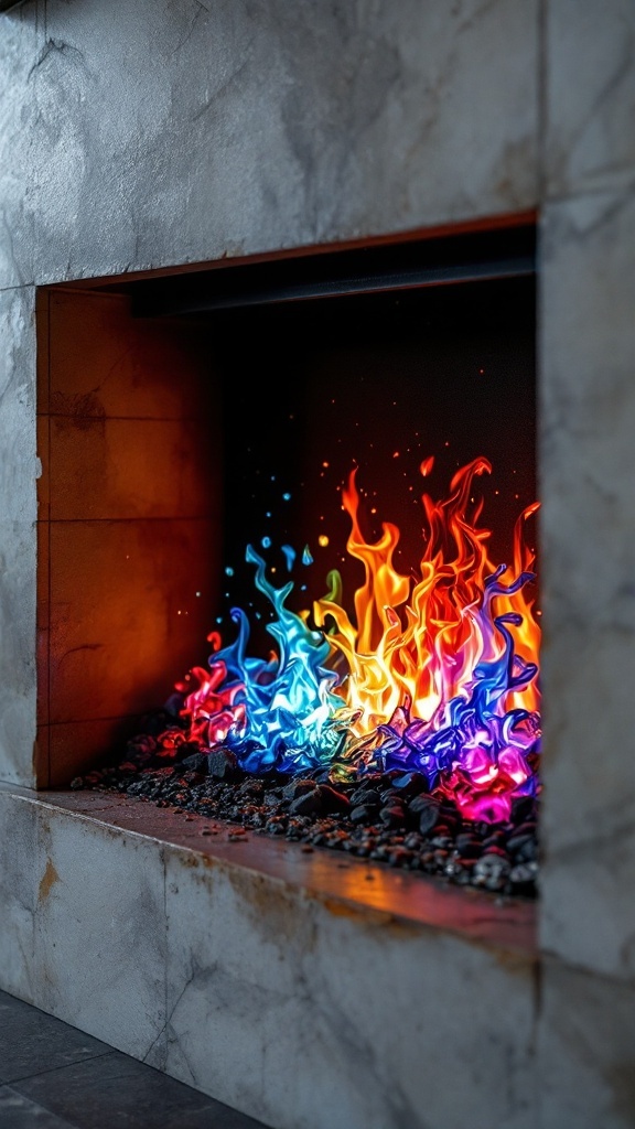 A colorful firebox displaying vibrant flames and a modern marble surround.